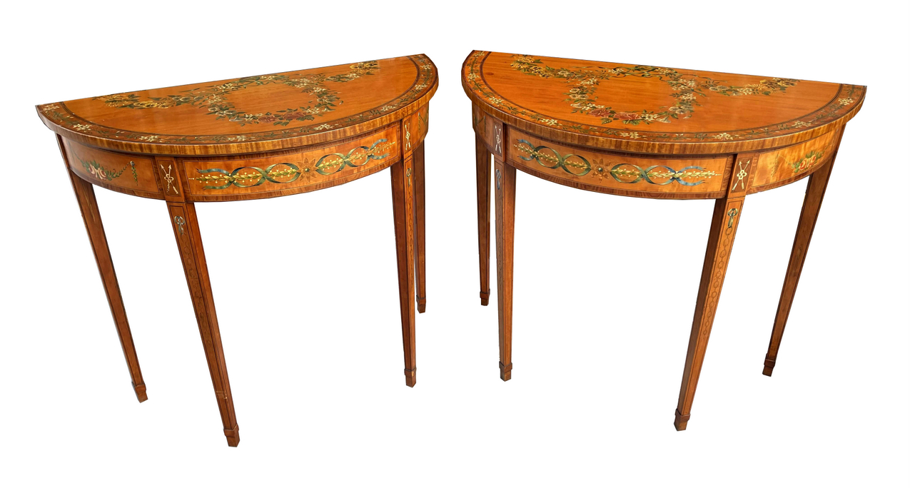 214. Pair Victorian Painted Satinwood Demi Lune Tables - Image 2