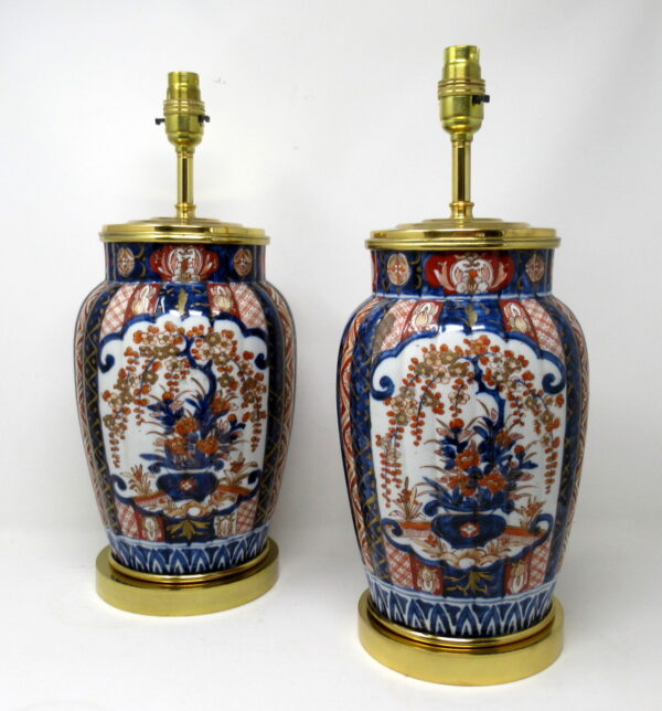 110. Antique Pair Japanese Chinese Imari Porcelain Ormolu Table Lamps Blue Red Gilt