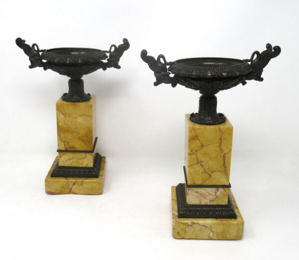 917. Antique Pair French Grand Tour Empire Bronze Dore Sienna Marble Tazza Urns Vases