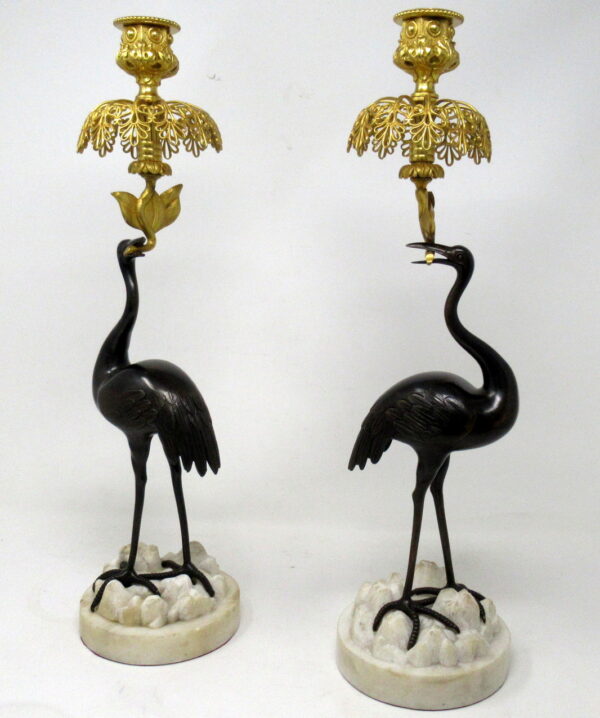 136. Antique Pair of English Ormolu Gilt Bronze Candlesticks Storks Cranes by Abbot