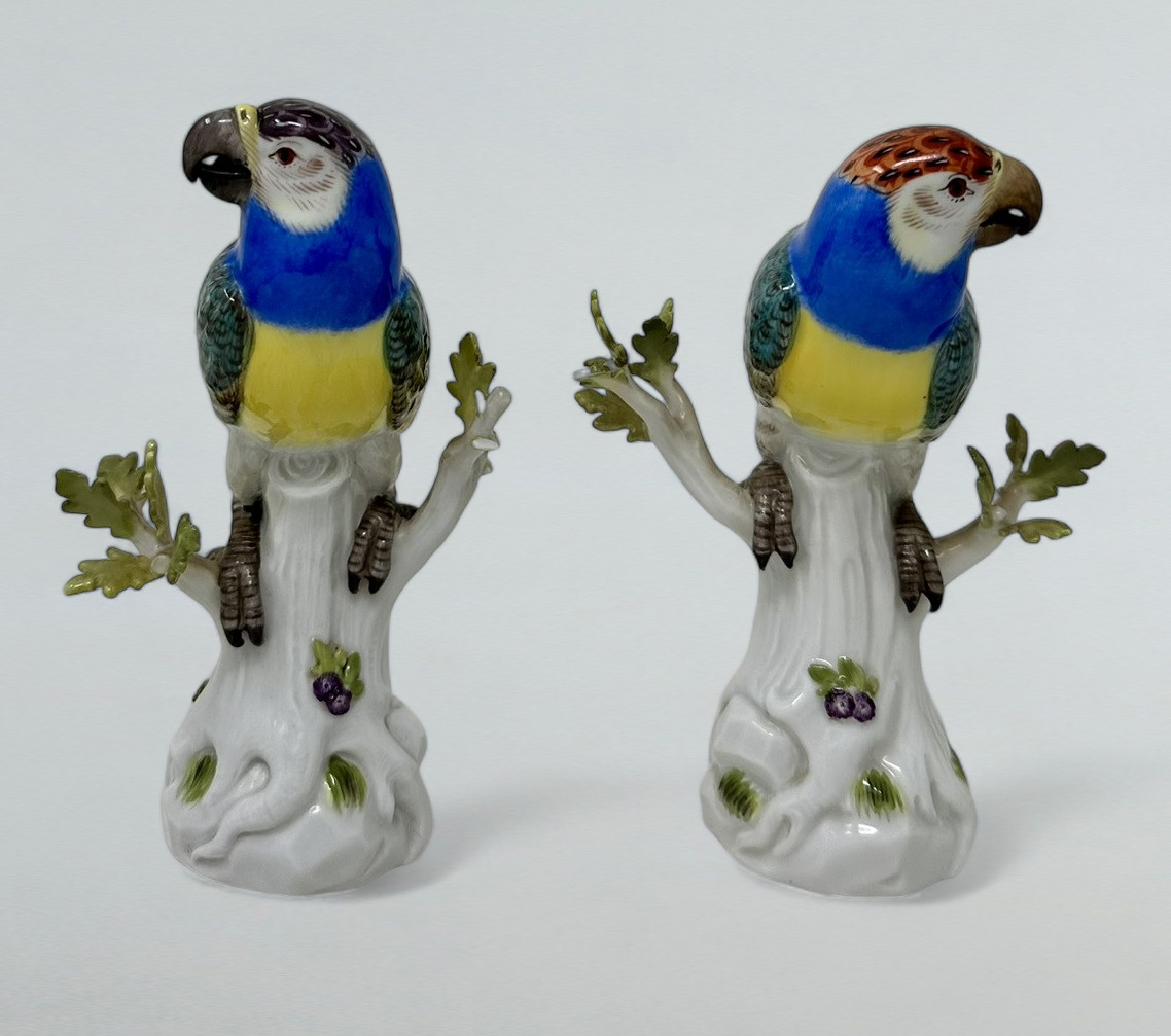 669. Antique Pair of German Meissen Continental Parrots Birds Green Gilt 19th Century - Image 3
