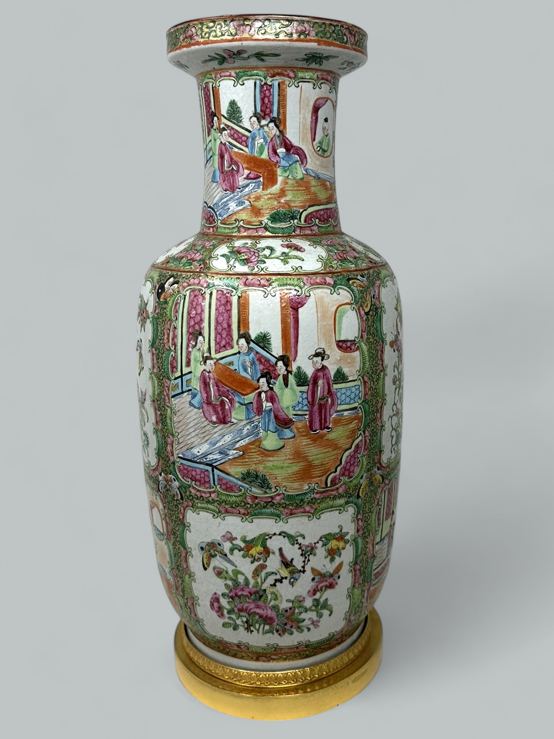 656. Antique Famille Rose Medalion Canton Cantonese Chinese Porcelain Ormolu Vase Urn