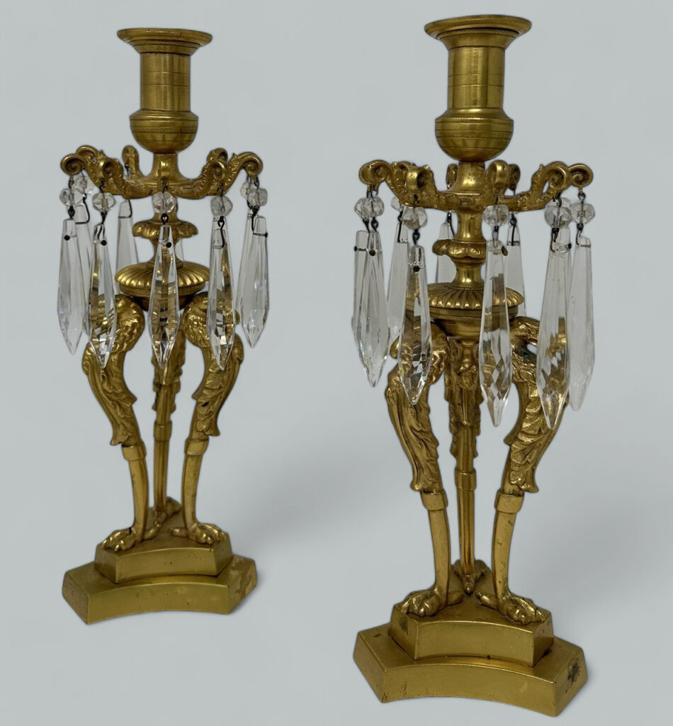 713. Antique Pair of English Regency Ormolu Bronze Lusters Candlesticks Candelabra