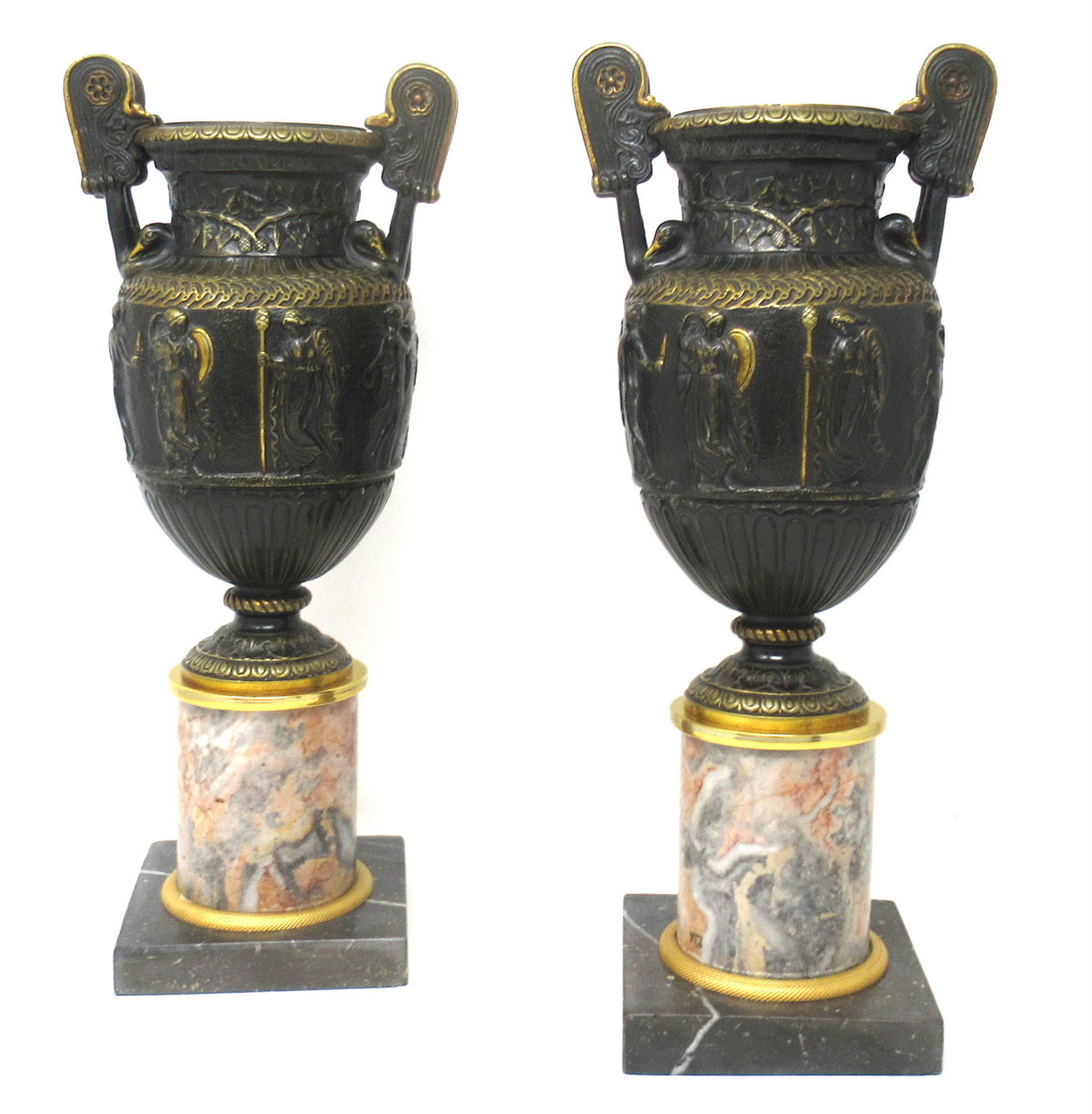928. Antique Pair French Bronze Ormolu Townley Urns Vases Breche Violette Marble 19Ct