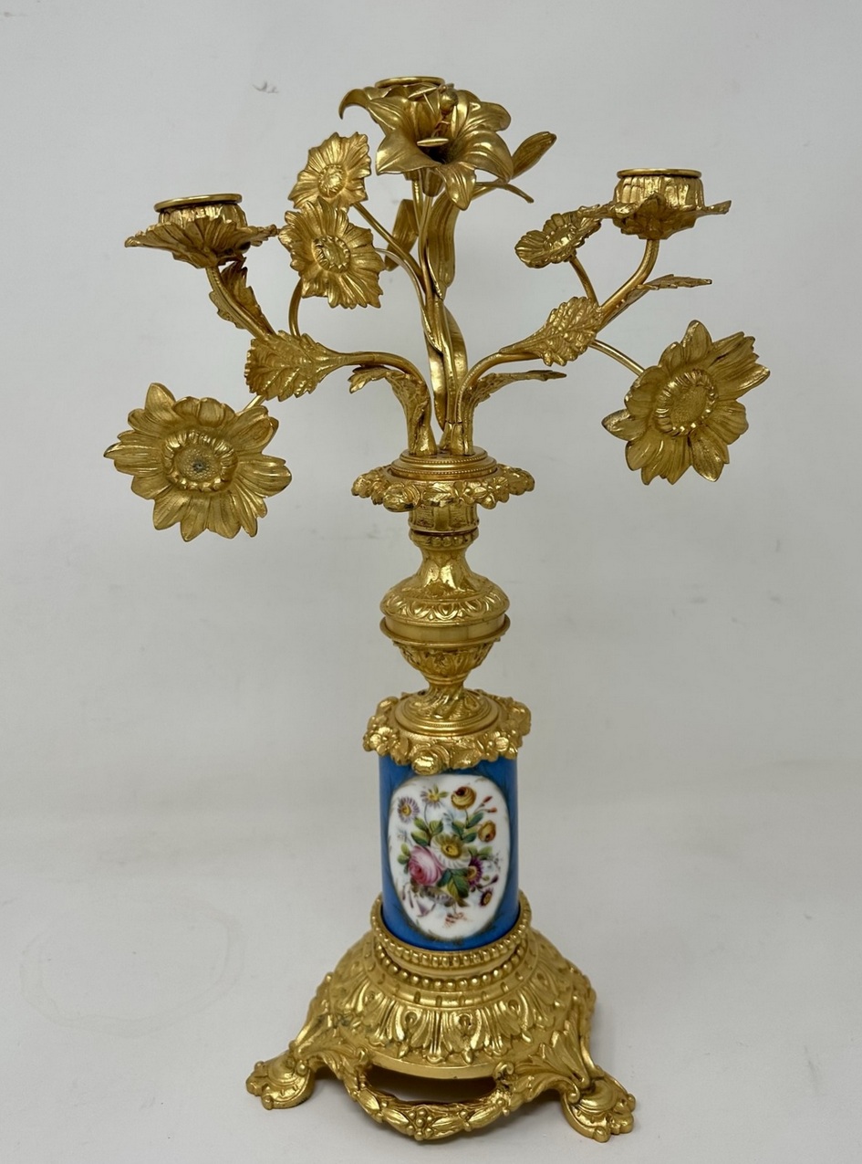 142. Antique Pair French Ormolu Gilt Bronze Sevres Porcelain Candelabras Candlesticks - Image 3