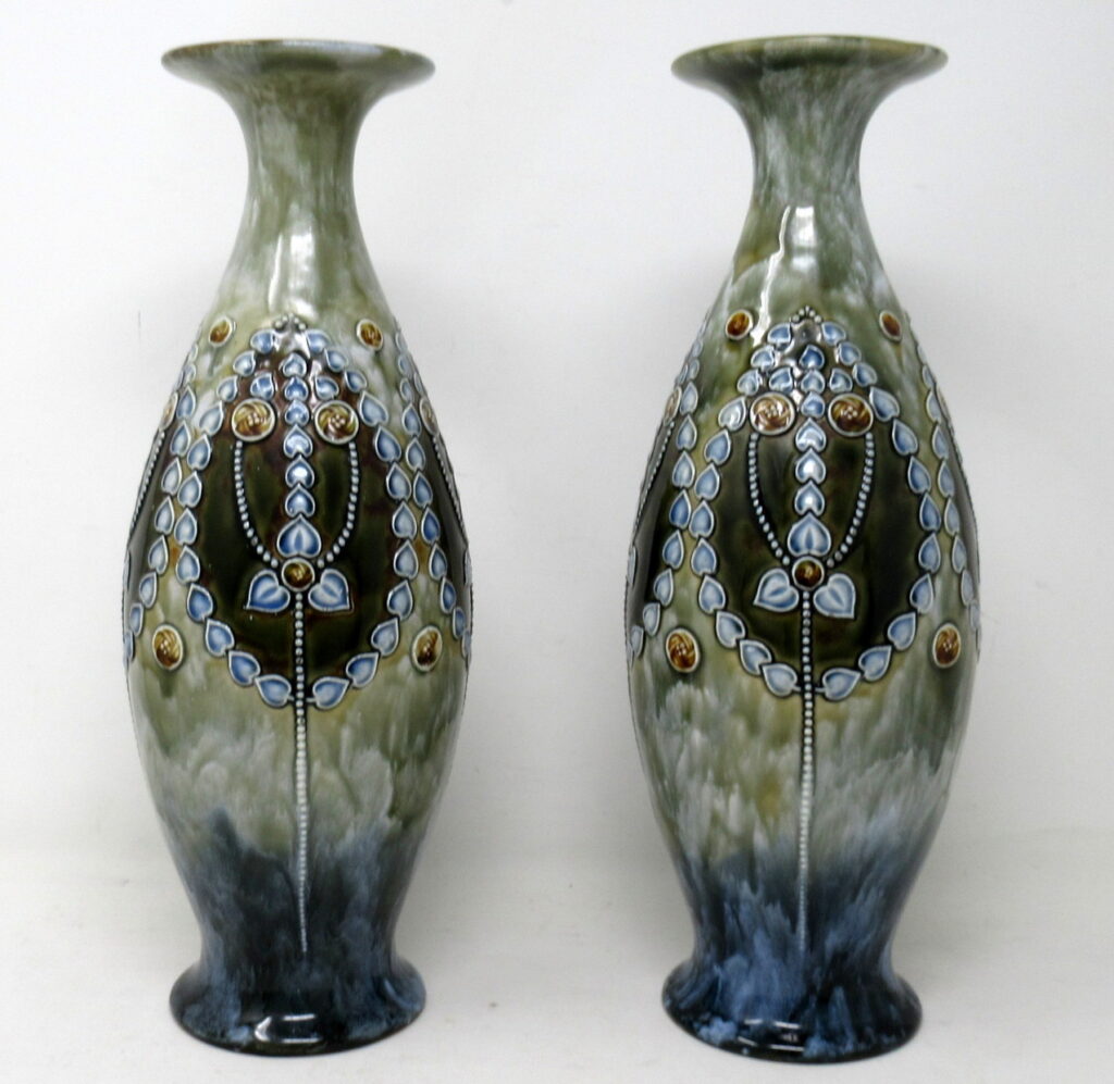 847. SOLD. Antique Pair English Porcelain Royal Doulton Ceramic Art Nouveau Vases Urns
