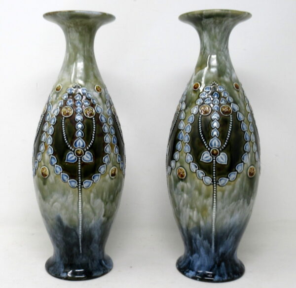 847. Antique Pair English Porcelain Royal Doulton Ceramic Art Nouveau Vases Urns
