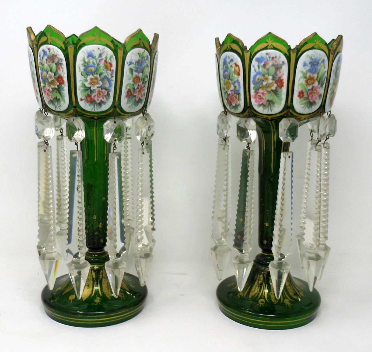176. Antique Crystal Bohemian Emerald Green Enamel Pair Overlaid Lusters Candlesticks - Image 3