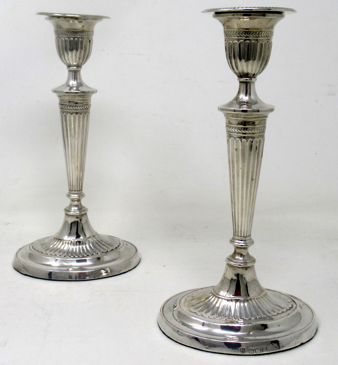 957. Antique Pair English Sterling Silver Candlesticks Candelabra Adams Style 1905