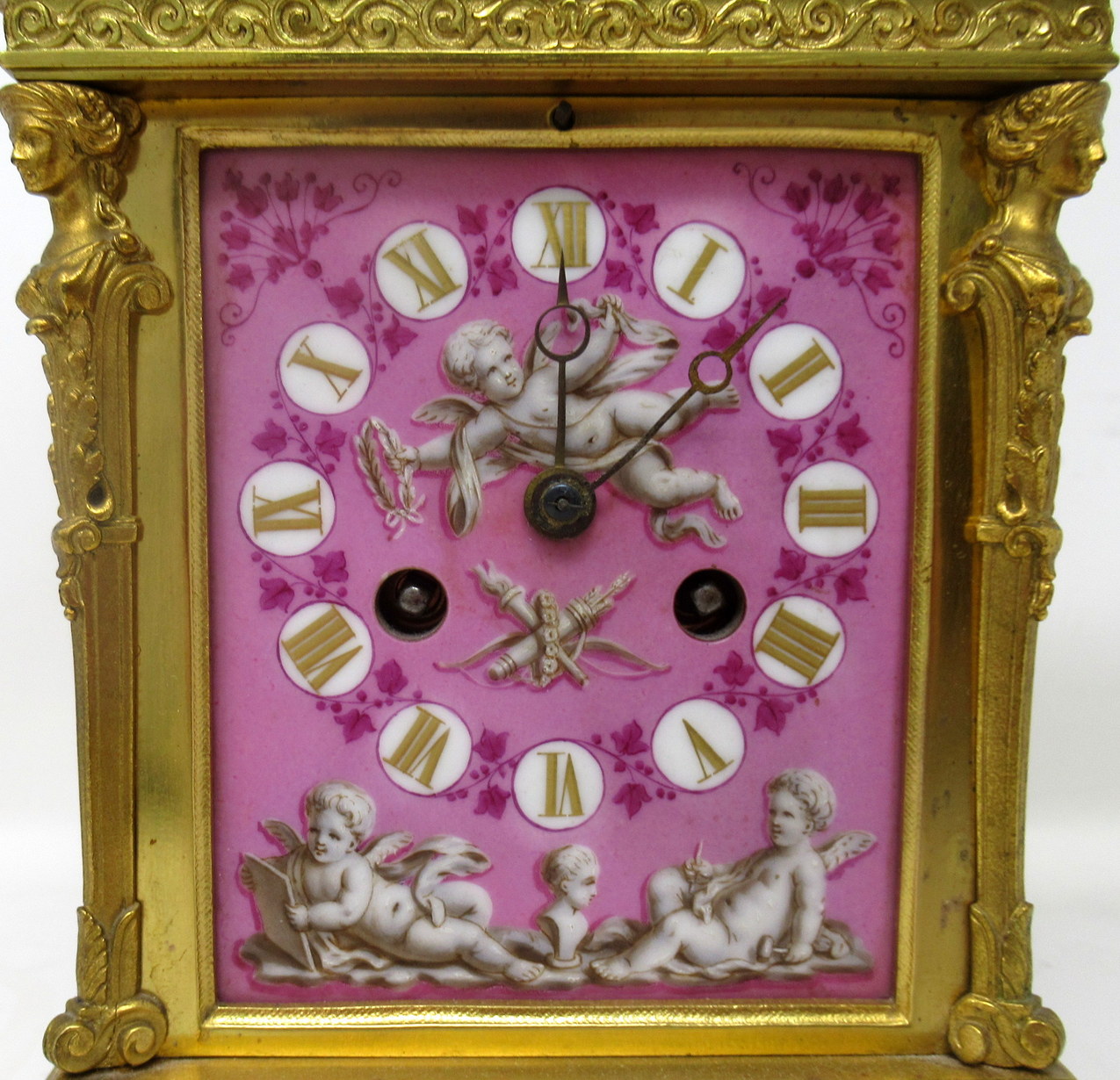 351. French Ormolu Bronze Sèvres Pompadour Pink Porcelain Mantle Carriage Clock 19Ct - Image 4