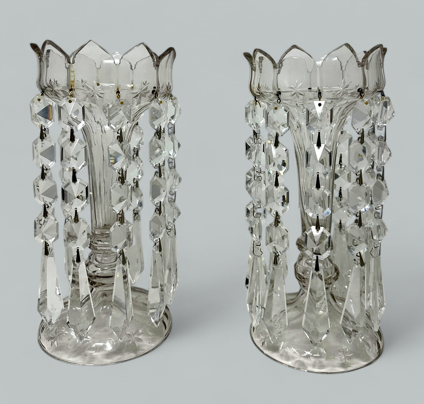 253. Antique Pair Irish Waterford Crystal Hand Cut Full Lead Lustres Vases Ireland - Image 3