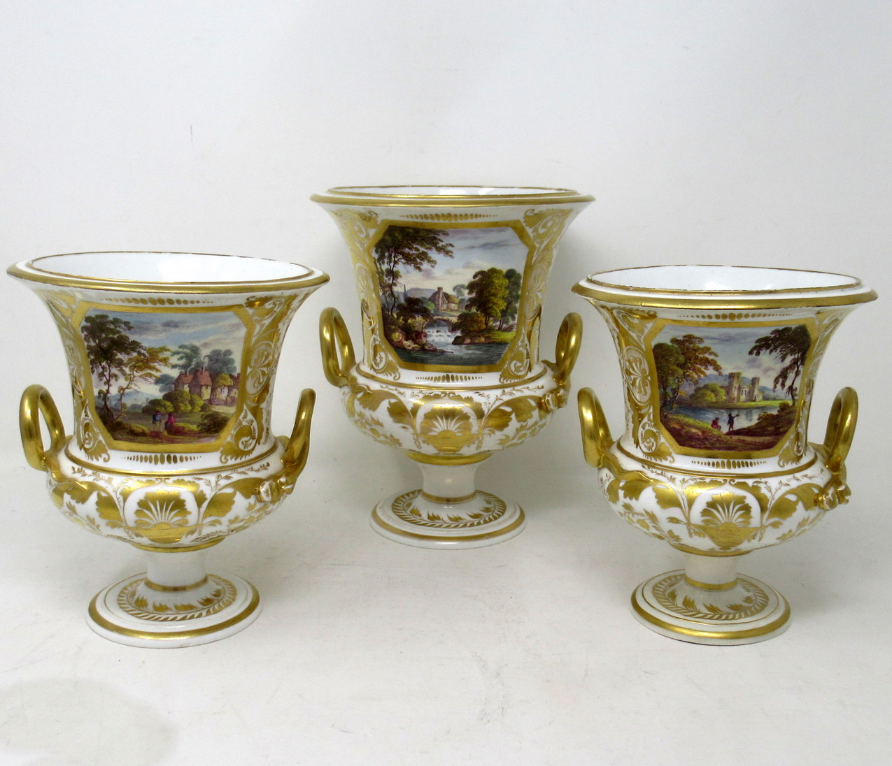 362. Pair Regency Crown Derby Campana Porcelain Urns Vases Garniture Robert Brewer