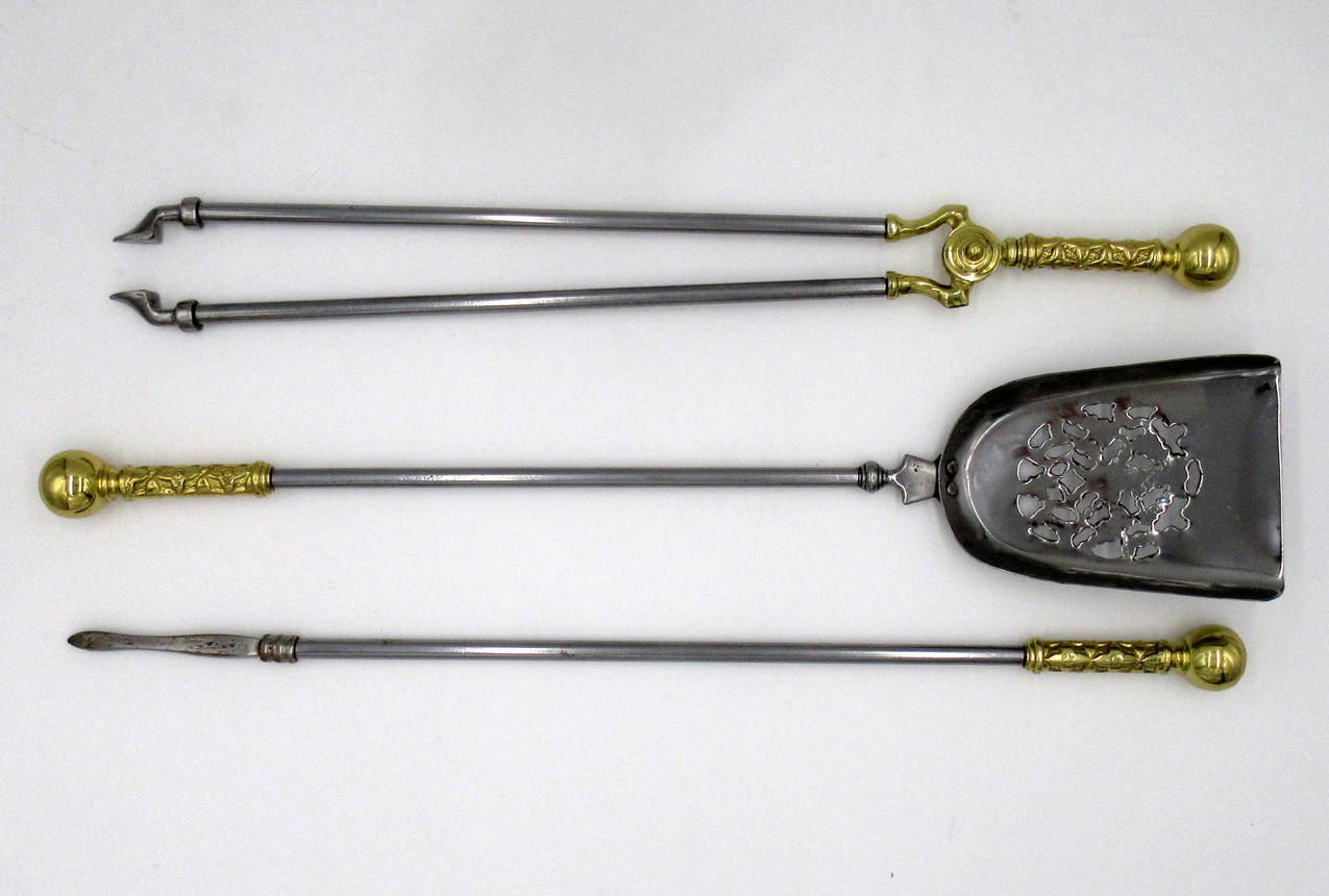 449. Set English Victorian Steel Brass Fireplace Fire Tools Irons Companion 19th Ct - Image 3