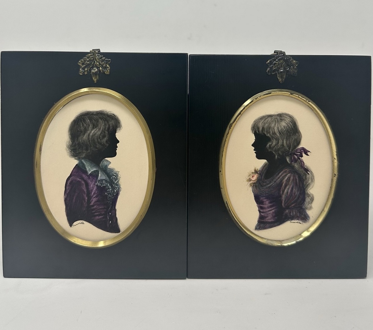 511. Antique Pair English Watercolor Paintings Silhouettes Ebony Frames Signed Turville - Image 10