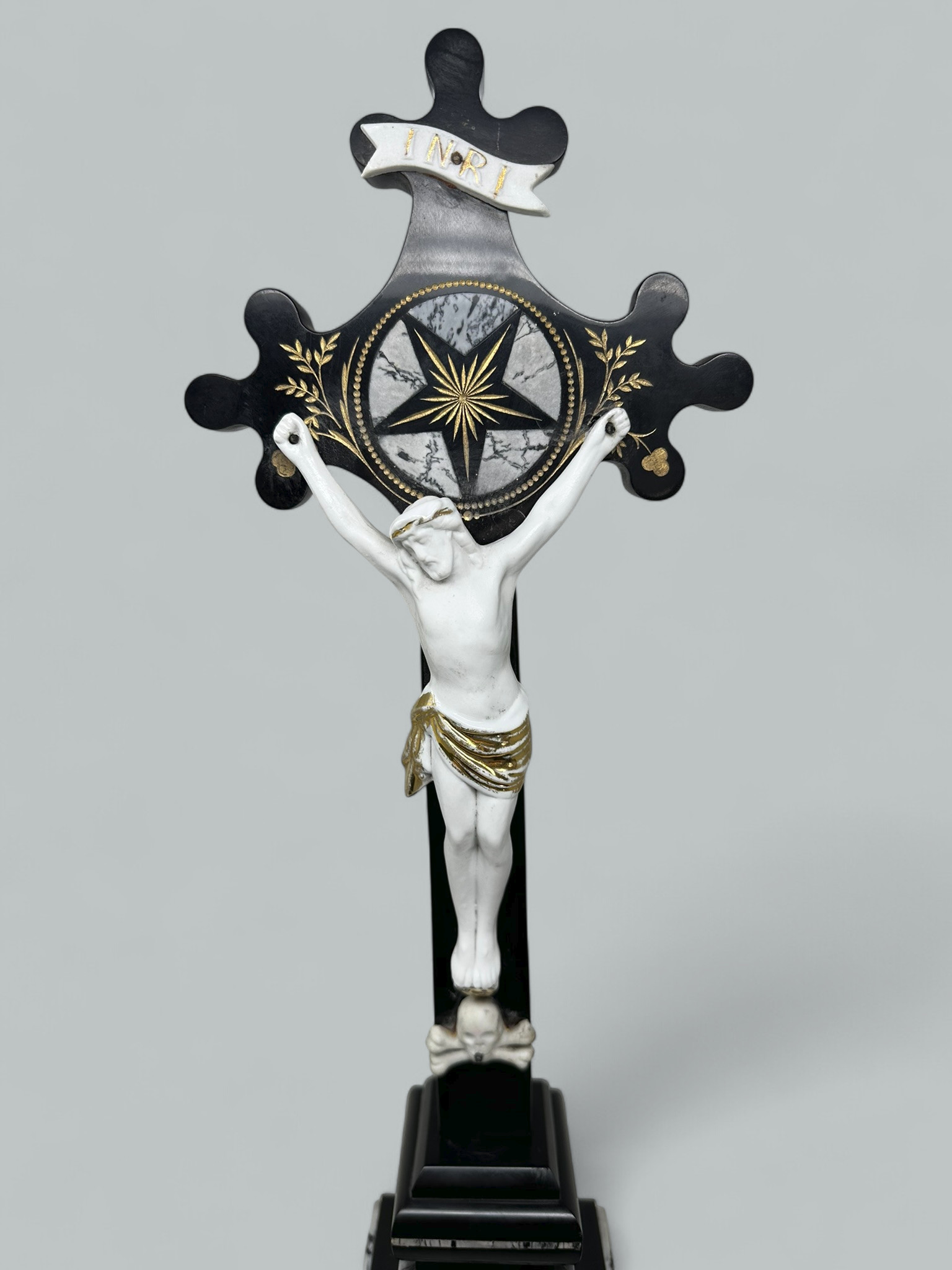 742. Antique Vintage French Gilt Marble Religious Holy Crucifix Jesus Christ Cross - Image 2