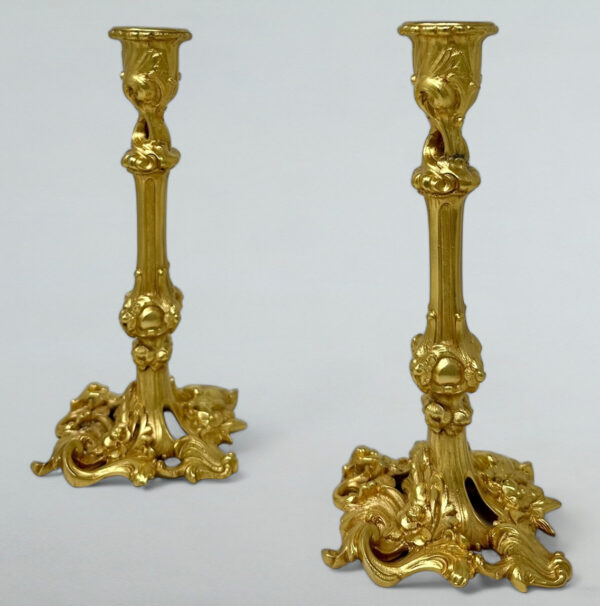 423. Antique Pair French Ormolu Bronze Dore Edwardian Candlesticks Candelabra 19th Ct
