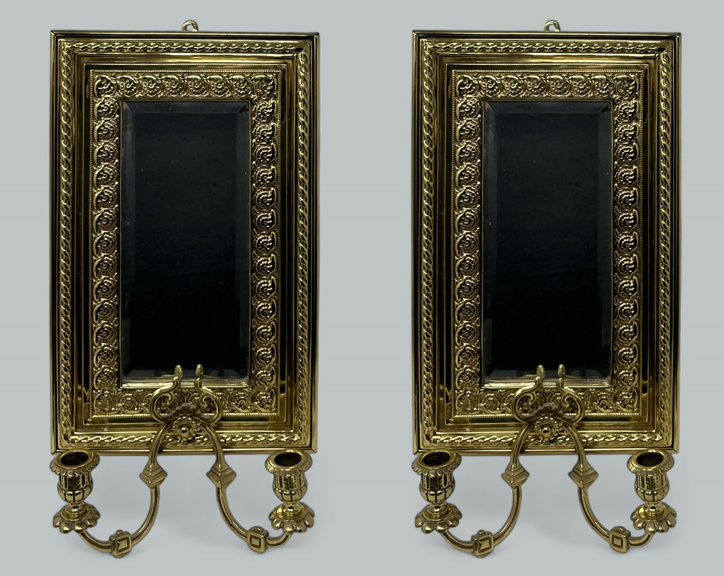 976. Antique Pair French Brass Girandole Wall Applique Sconces Mirrors Candlesticks - Image 2