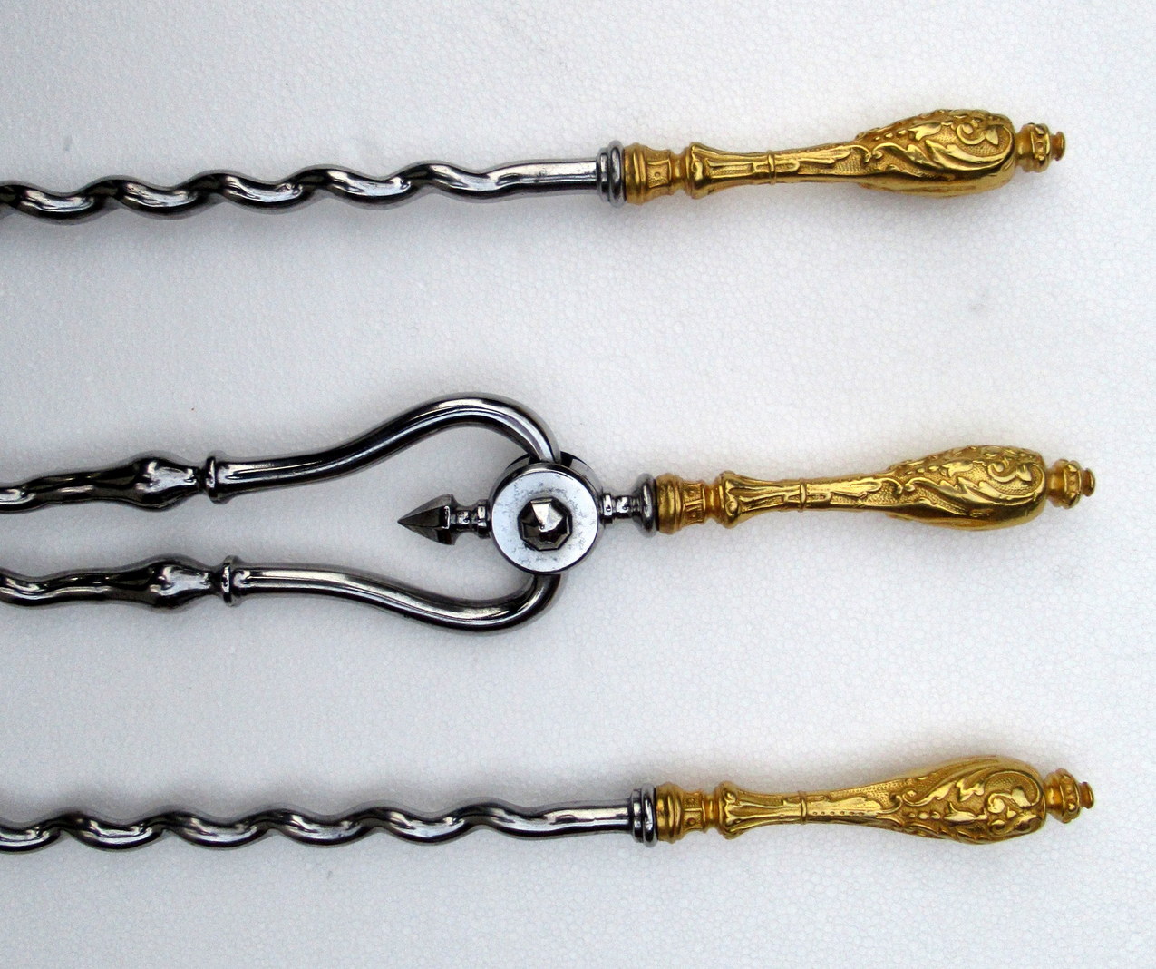 117. Set English Georgian Regency Burnished Steel Gold Plated Fire Tools Irons 18Ct - Image 9