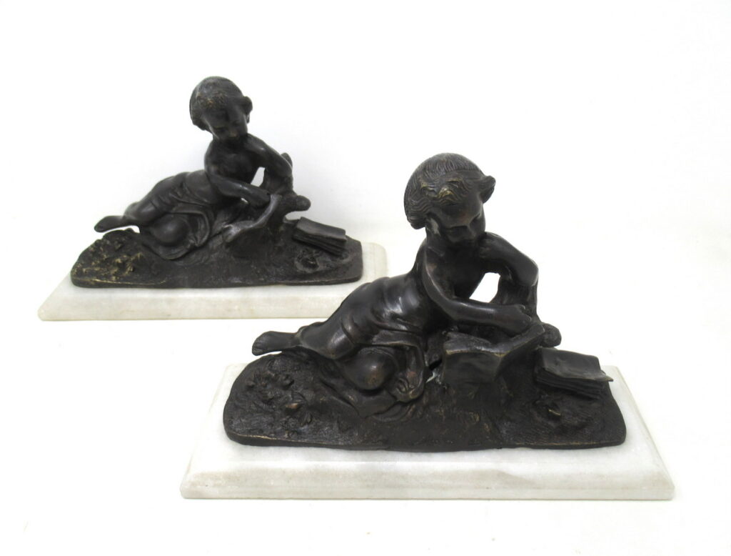 622. Antique Pair French Grand Tour Bronze Marble Cherubs Figures Putti Bookends