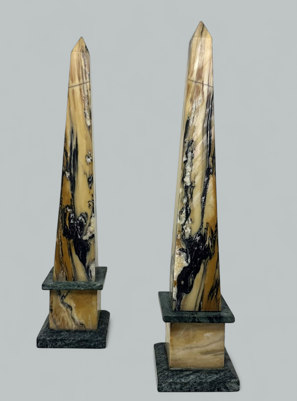 224. Antique Pair Italian Sienna Green Vert Marble Obelisks Garniture Columns 1920's - Image 4
