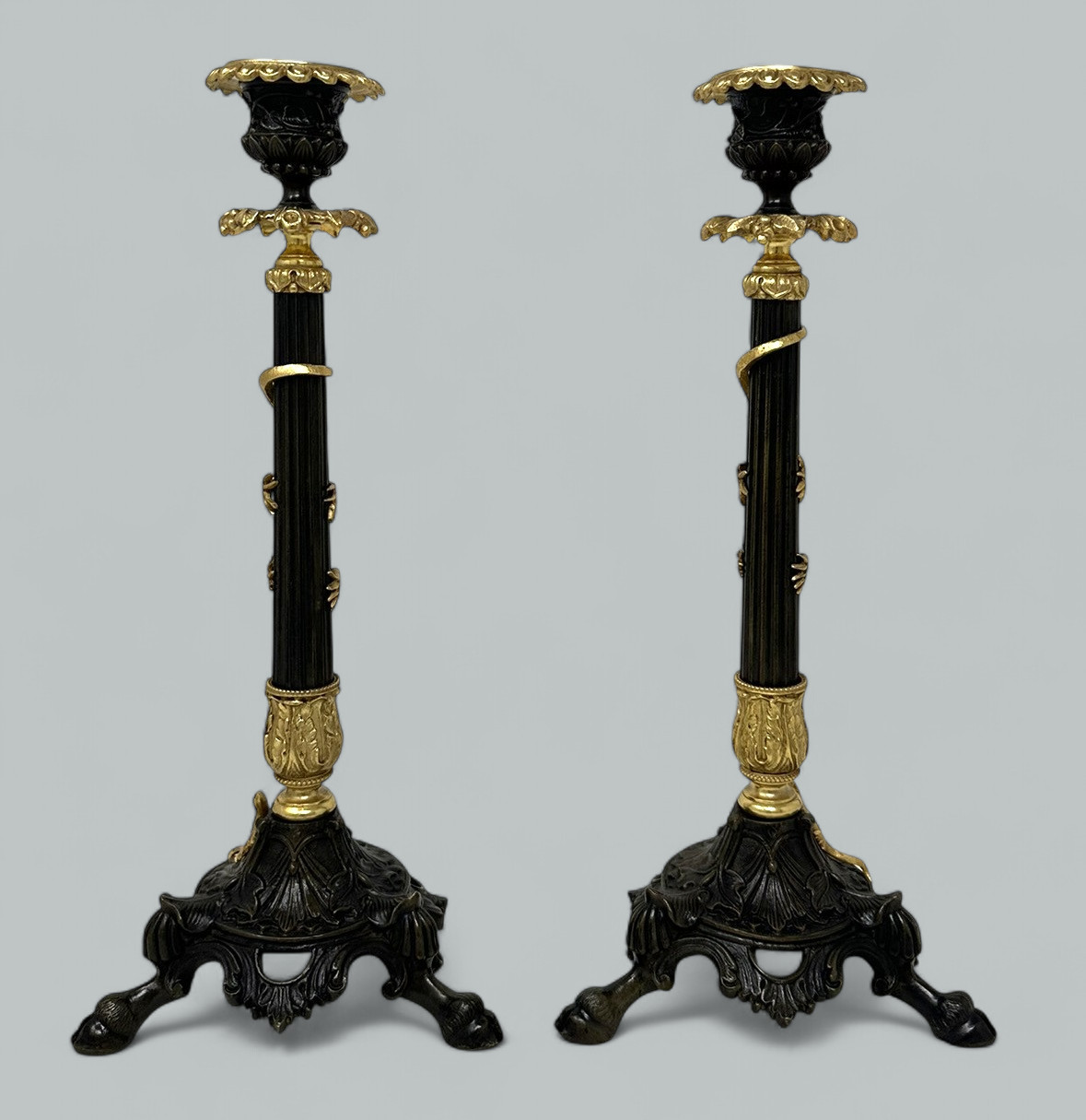 884. Antique Pair French Ormolu Gilt Bronze Dore Empire Candlesticks with Lizards 19C - Image 3
