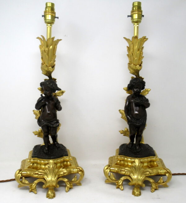225. Antique Pair French Gilt Bronze Dore Ormolu Clodion Grand Tour Table Lamps 19 Ct