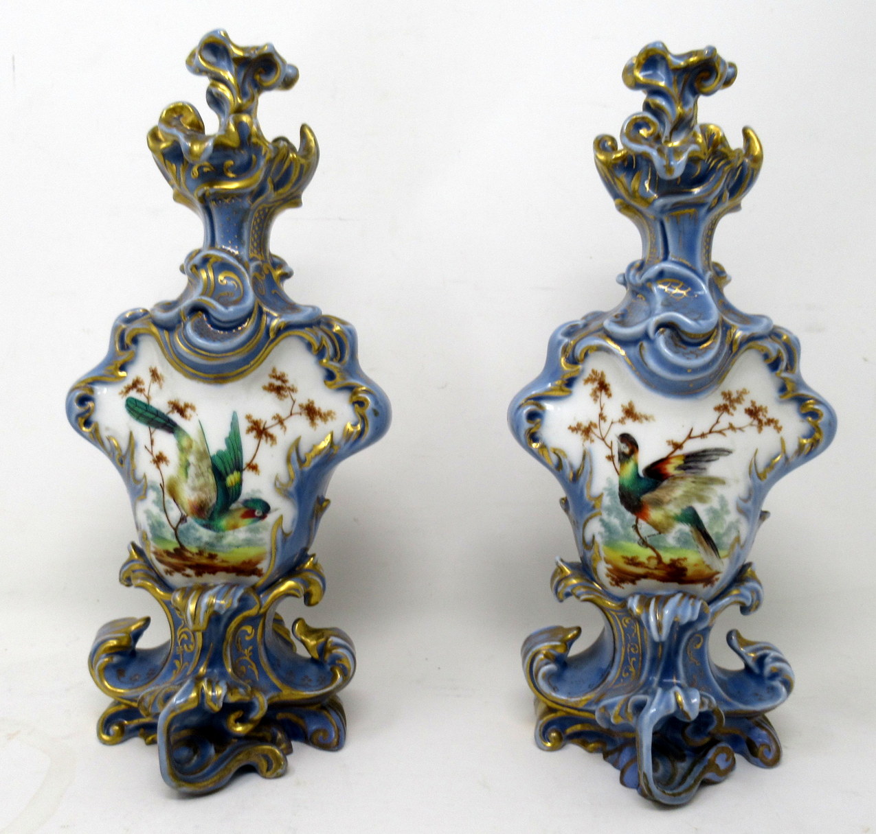 459. Antique Pair French Porcelain Scent Perfume Bottles Jacob Petit Celeste Blue Gilt - Image 4