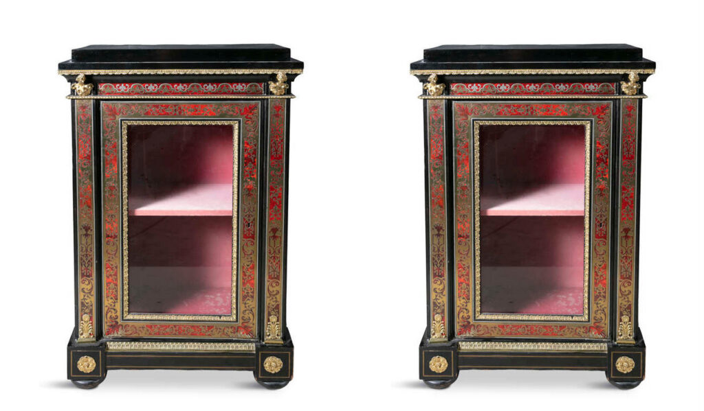 339. Antique Pair French Boulle Marquetry Pier Cabinets 19 Ct