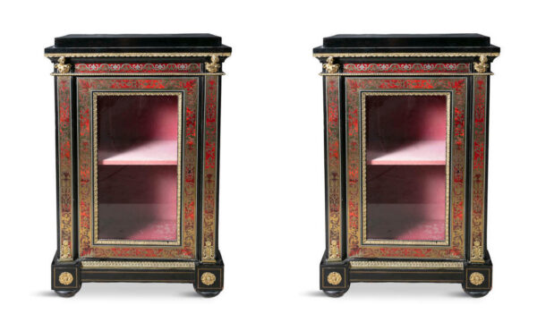 339. Antique Pair French Boulle Marquetry Pier Cabinets 19 Ct