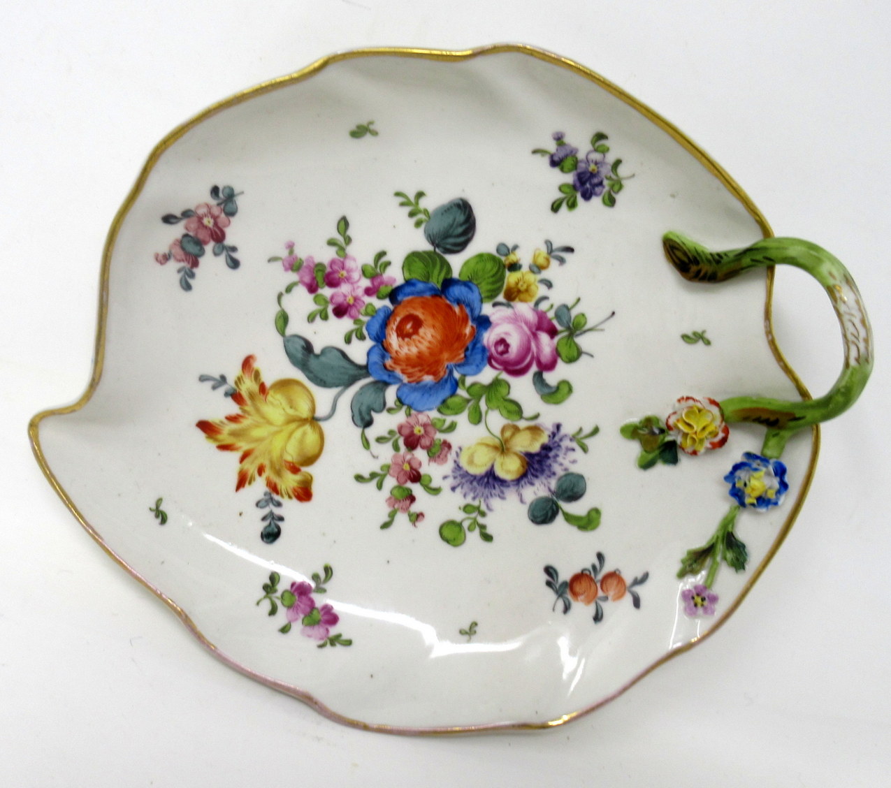 587. Antique Pair German Dresden Meissen Still Life Flowers Cabinet Leaf Form Plates - Image 2