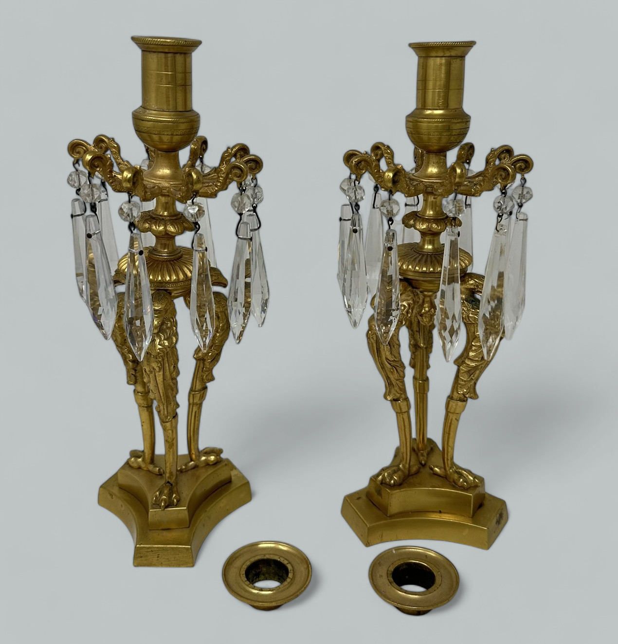 713. Antique Pair of English Regency Ormolu Bronze Lusters Candlesticks Candelabra - Image 6