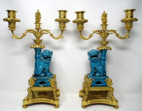 290. Pair French Ormolu Chinese Porcelain Twin Light Candelabra Kangxi 18th Century