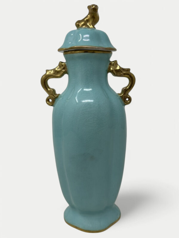 074. Antique Meissen Dresden Vase Urn Centerpiece Turquoise Blue Green Gilt Dragon