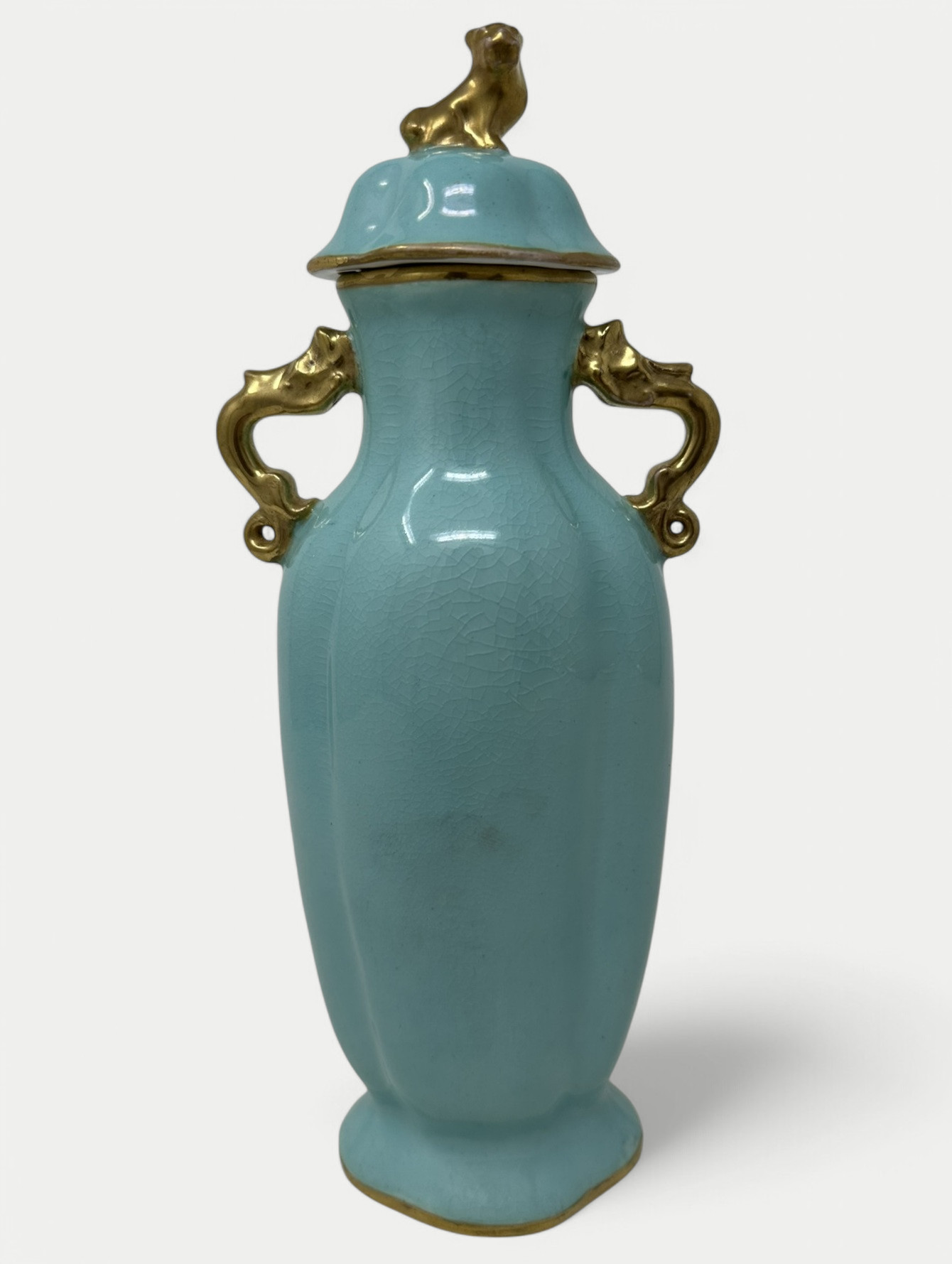 074. Antique Meissen Dresden Vase Urn Centerpiece Turquoise Blue Green Gilt Dragon