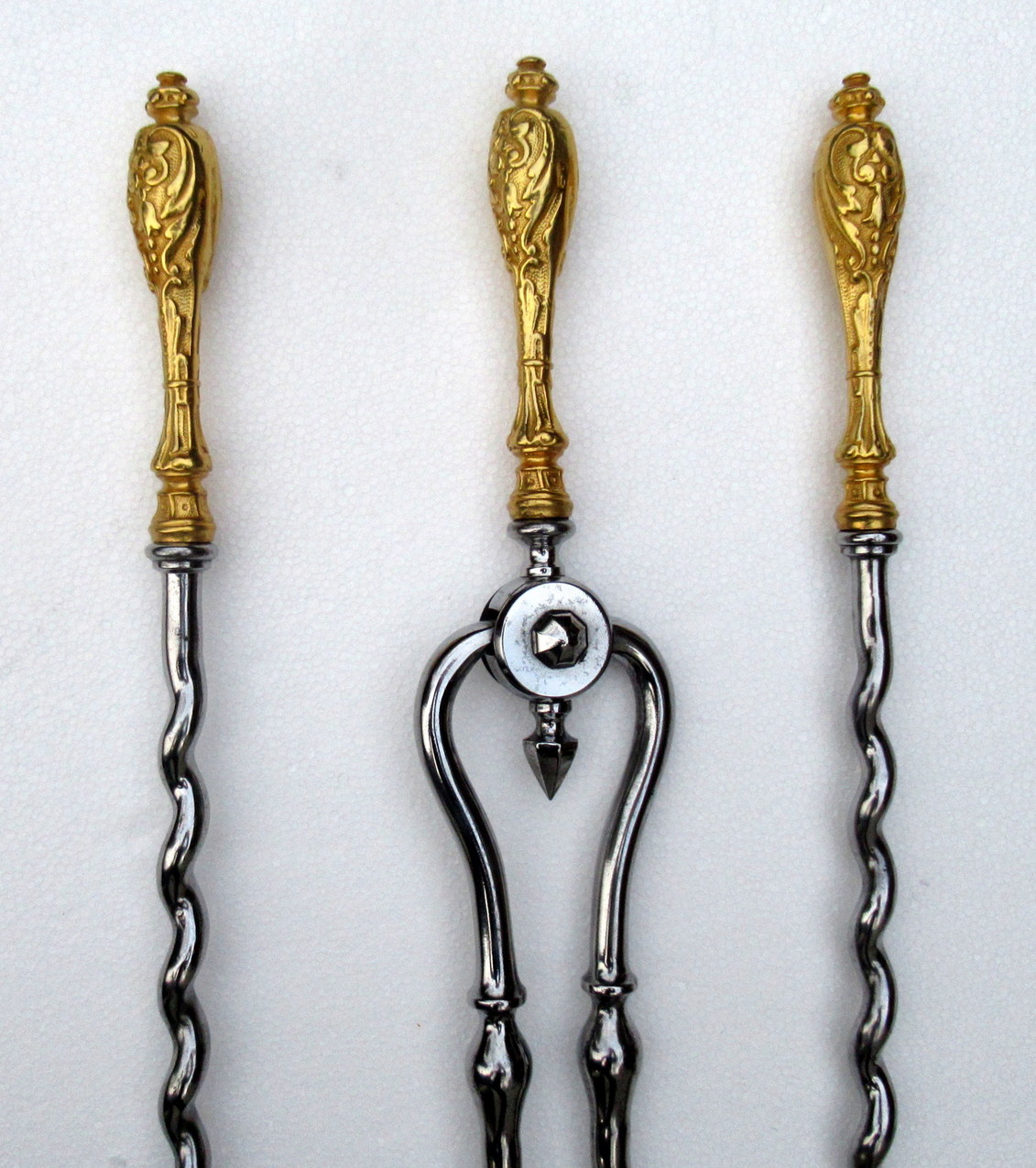 117. Set English Georgian Regency Burnished Steel Gold Plated Fire Tools Irons 18Ct - Image 6