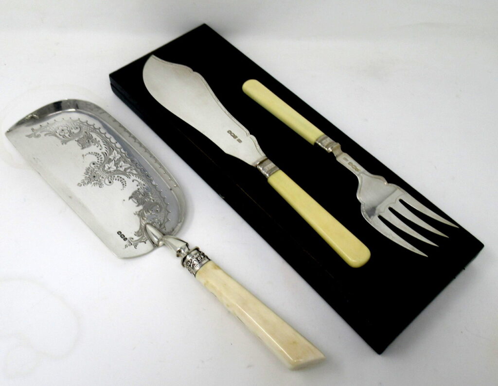 175. Antique Pair English Victorian Sterling Silver Fish Servers Forks Crumb Tray