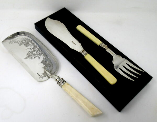 175. Antique Pair English Victorian Sterling Silver Fish Servers Forks Crumb Tray