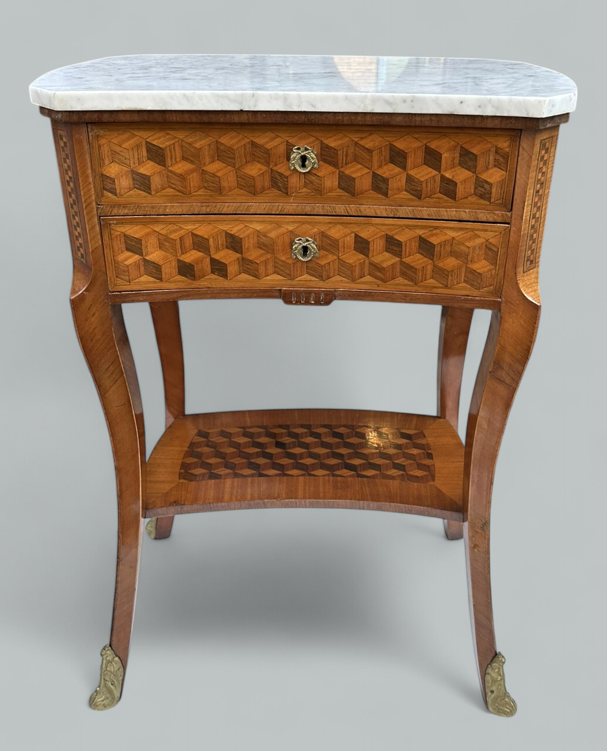 649. Antique French Marquetry Marble Top Kingwood Bedside Cabinets Locker Nightstands - Image 3