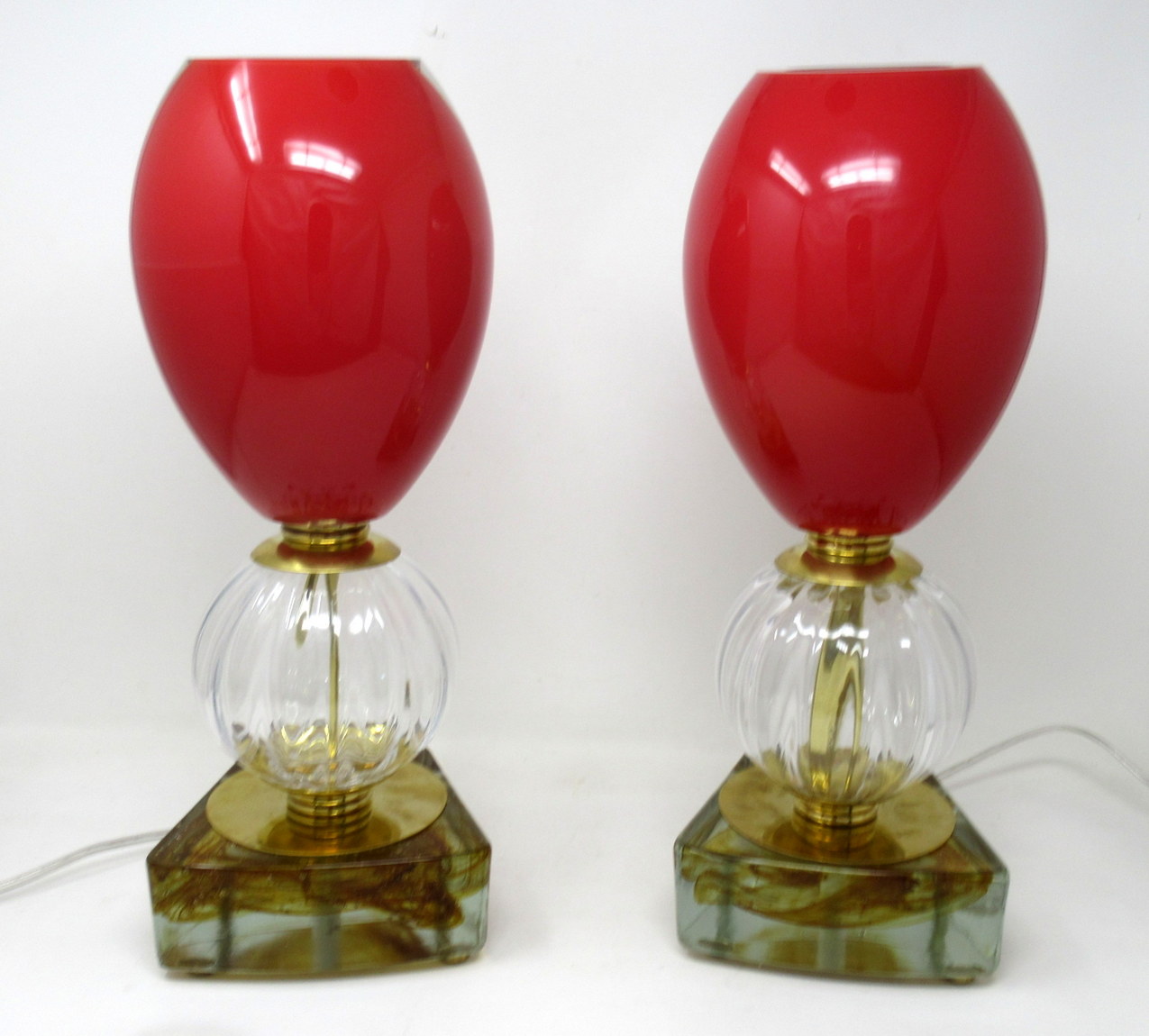 357. Pair Mid Century Italian Murano Glass Lucite Table Lamps Red Crystal Gilt 1950s - Image 3