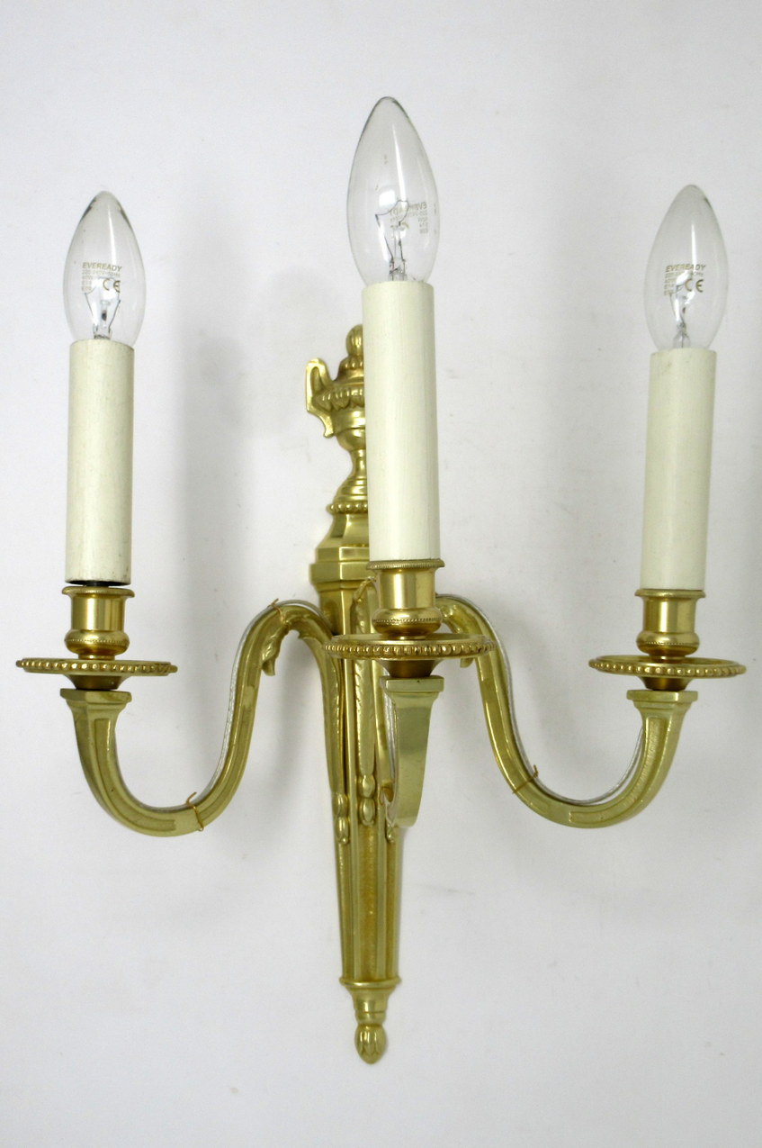 496. Antique Pair of English Gilt Bronze Three Light Wall Candle Sconces 19th Century - Image 2
