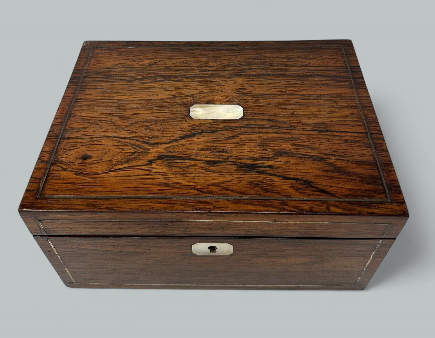 983. Antique Inlaid Rosewood English Jewelry Sewing Casket Silk Lined Interior 19th Ct - Image 3