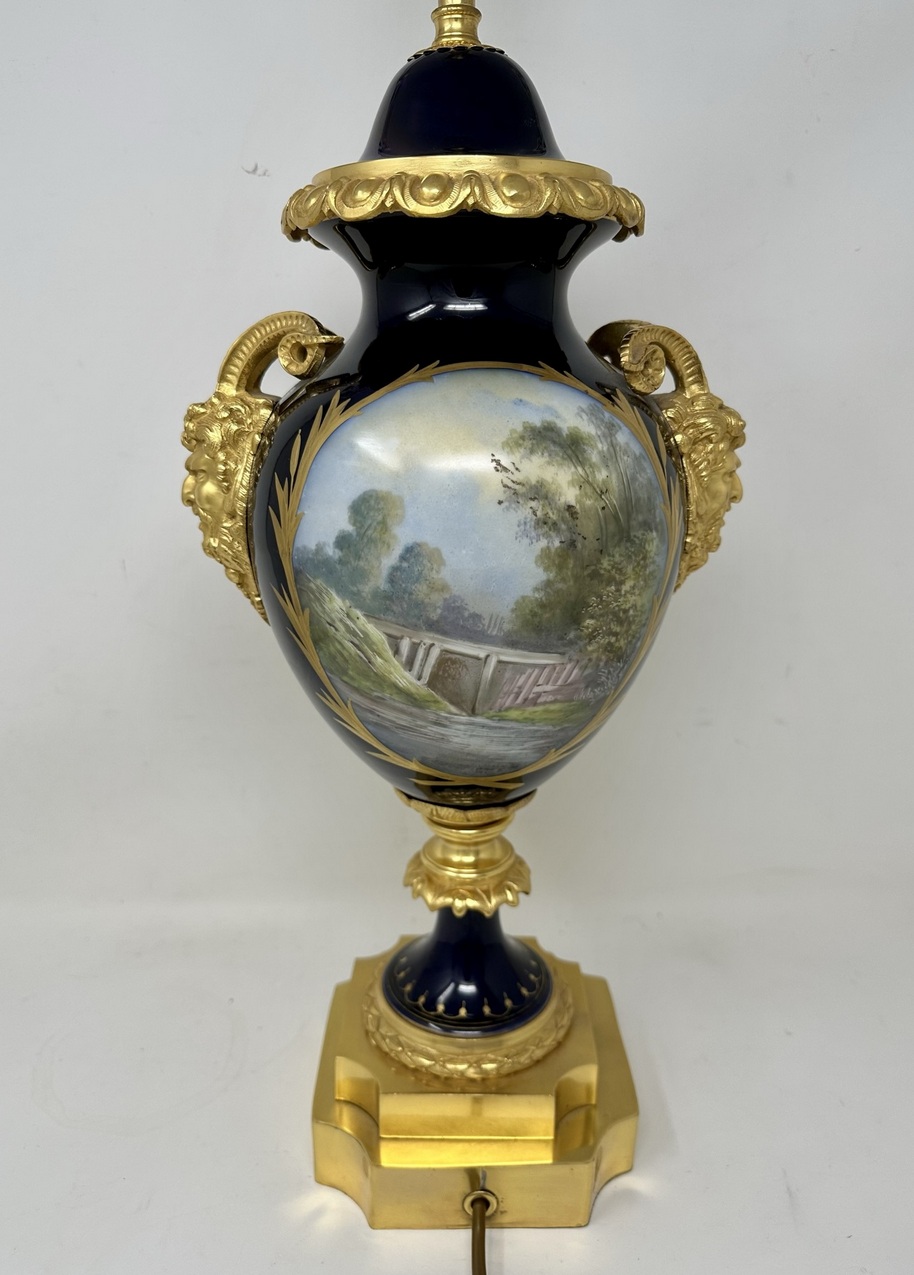526. French Sèvres Porcelain Watteau Scene Ormolu Cobalt Blue Table Lamp Bronze Satyr - Image 4