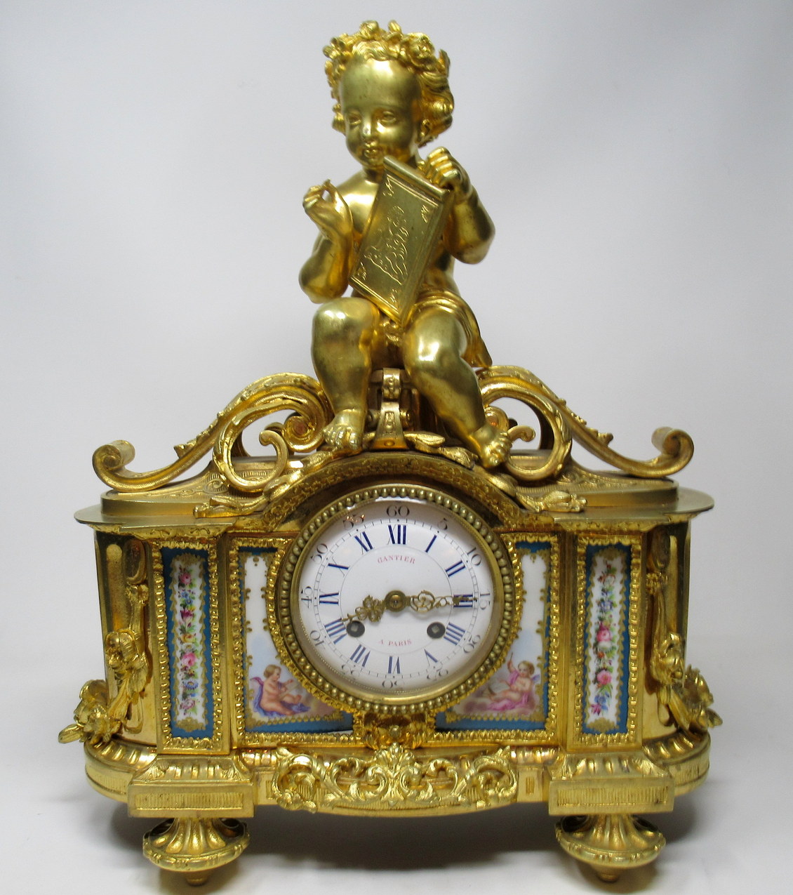 644. French Ormolu Bronze Sevres Porcelain Mantle Clock Vincenti et Cie Paris 19th Century