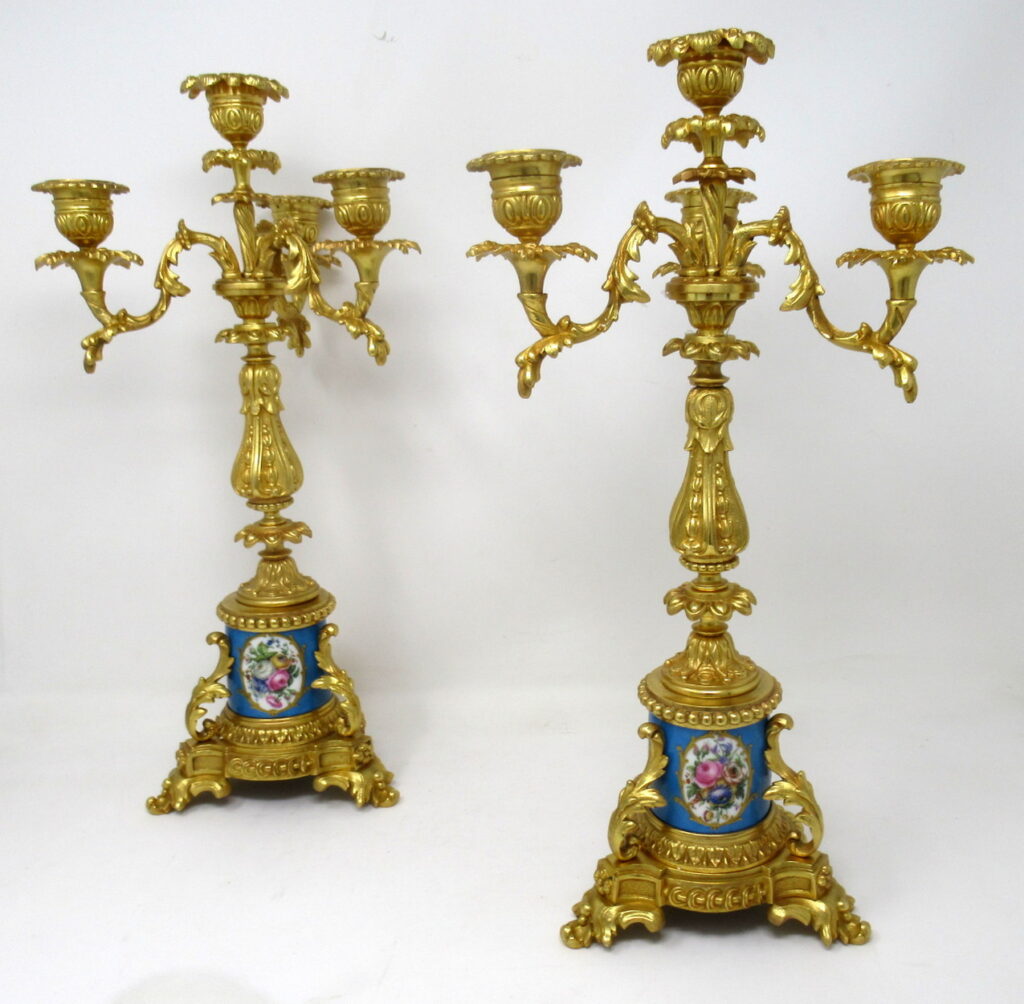 391. Antique Pair French Sevres Porcelain Ormolu Gilt Bronze Candlesticks Candelabra