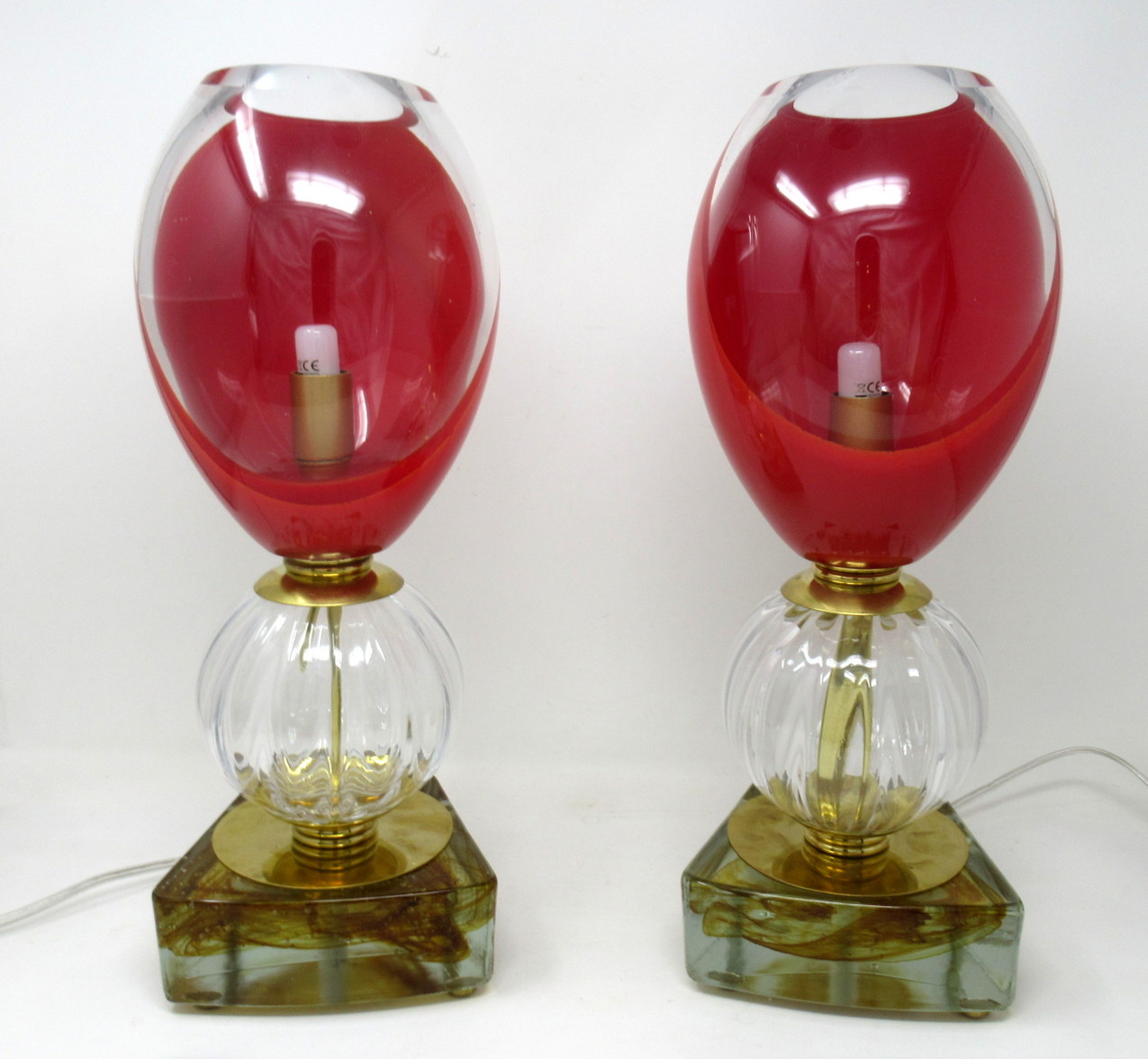 357. Pair Mid Century Italian Murano Glass Lucite Table Lamps Red Crystal Gilt 1950s - Image 2