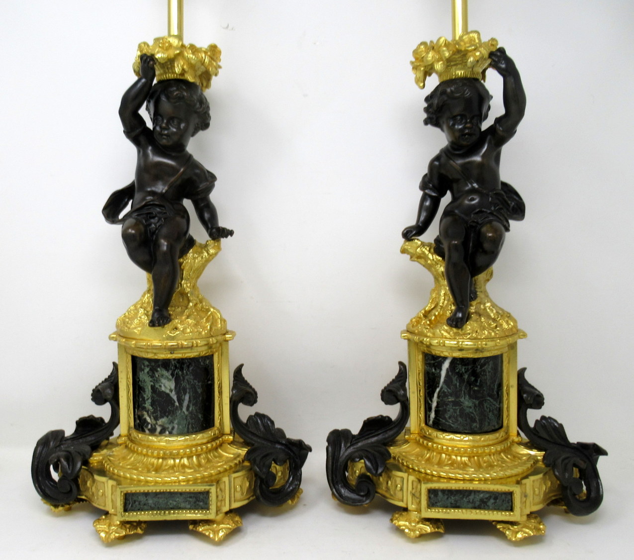 519. Antique Pair Gilt Bronze Ormolu Marble Table Lamps Clodion Grand Tour Cherubs - Image 4