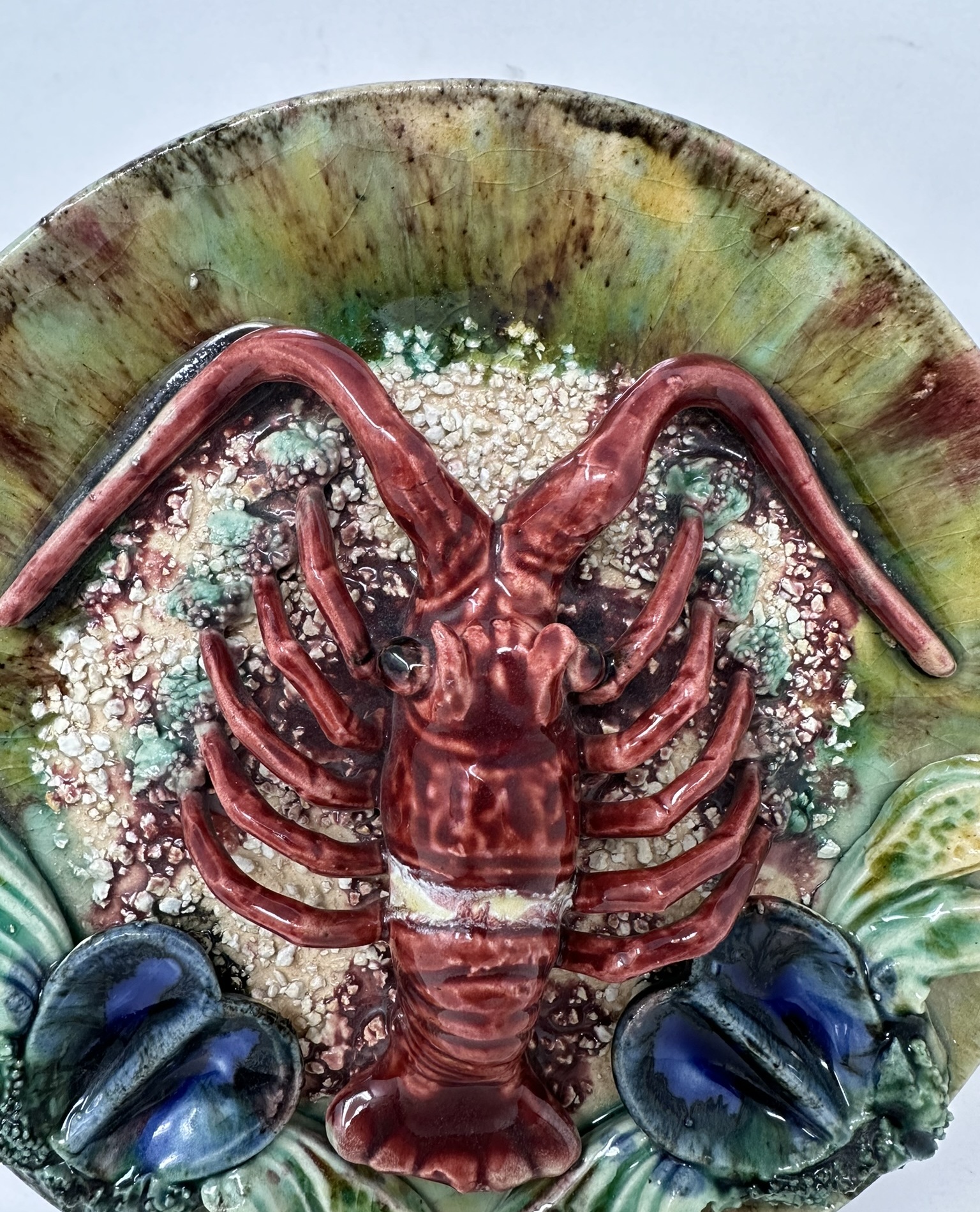 295. Pair Antique Majolica Palissy Portuguese Charger by Jose A Cunha Lobster Seafood - Image 9