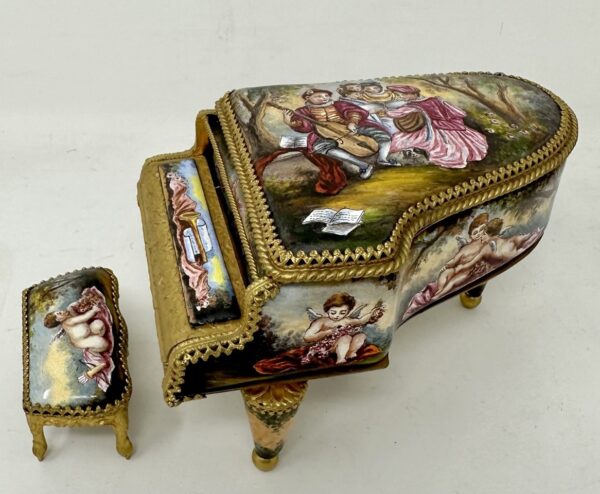 811. Antique Austrian Ormolu Bronze Enameled Viennese Miniature Musical Piano Casket