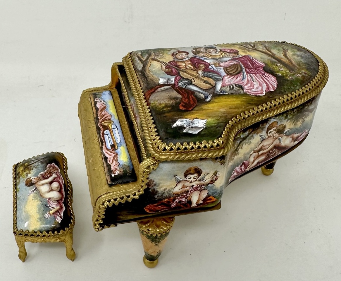 811. Antique Austrian Ormolu Bronze Enameled Viennese Miniature Musical Piano Casket