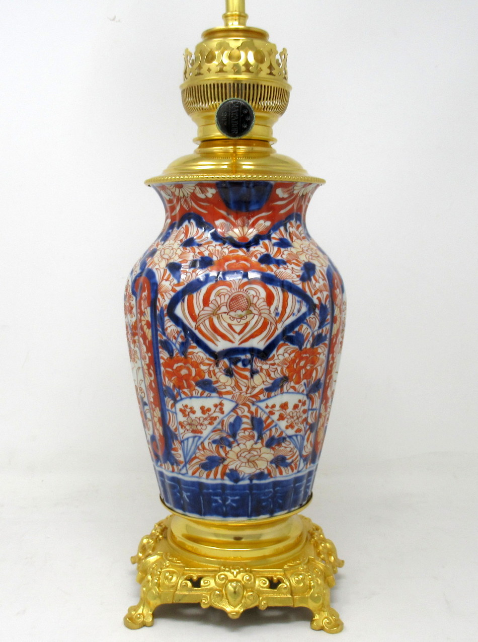 444. Antique Pair Japanese Chinese Imari Porcelain Ormolu Table Lamps Blue Red Gilt - Image 4